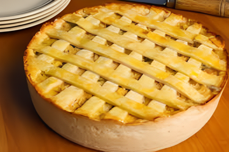 Torta de frango cremosa com massa caseira, dourada e deliciosa, sobre uma mesa de jantar