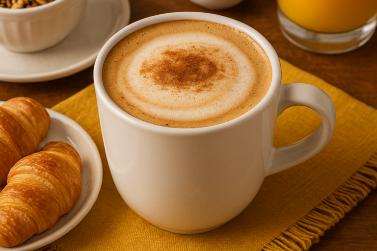 Caneca branca com cappuccino cremoso, decorado com espuma e canela por cima, em cima de um guardanapo bege.