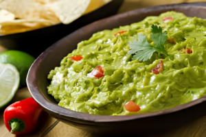 Guacamole cremoso servido em tigela rústica, com nachos crocantes ao lado, limões frescos e pimentas coloridas espalhadas sobre uma mesa de madeira.