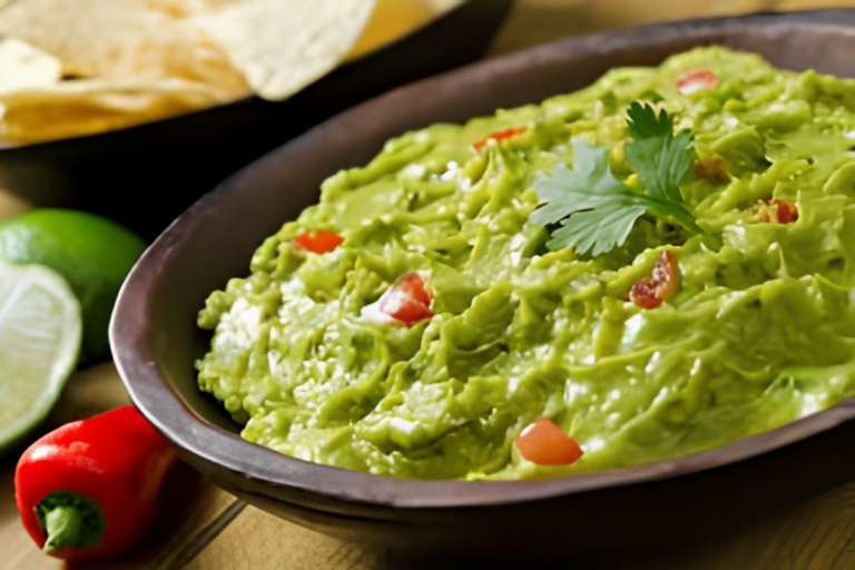 Guacamole cremoso servido em tigela rústica, com nachos crocantes ao lado, limões frescos e pimentas coloridas espalhadas sobre uma mesa de madeira.