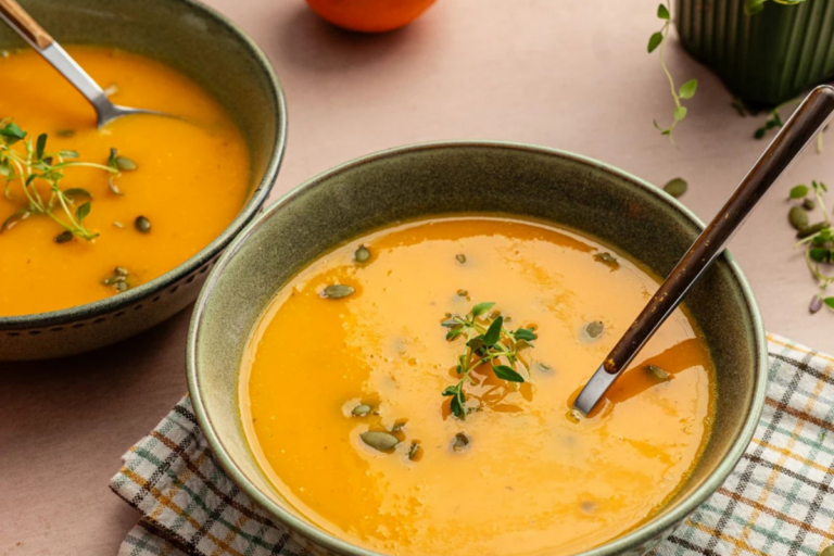 Prato fundo com sopa cremosa de abóbora, decorado com salsinha fresca e fios de azeite, ao lado de torradas integrais crocantes.